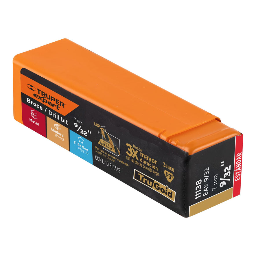 Broca HSS 9/32' Trugold para metal, Truper Expert Caja con 10, 11138