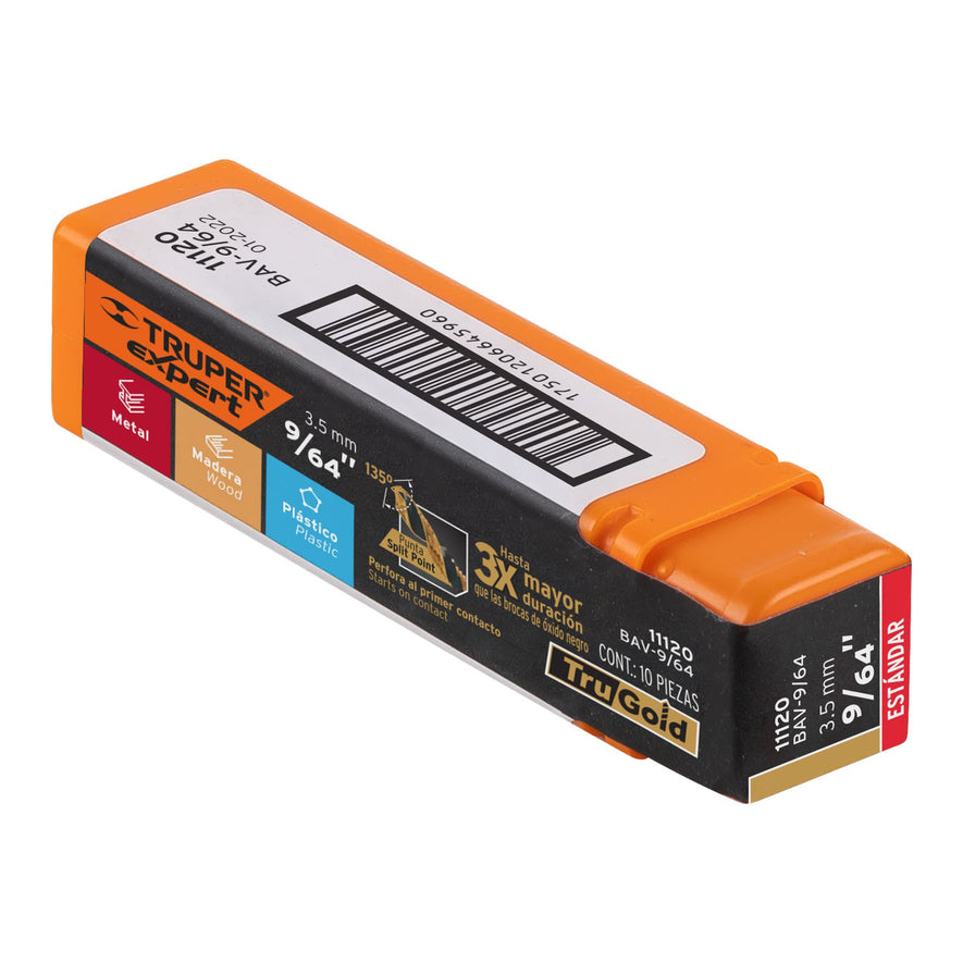 Broca HSS 9/64' Trugold para metal, Truper Expert Caja con 10, 11120
