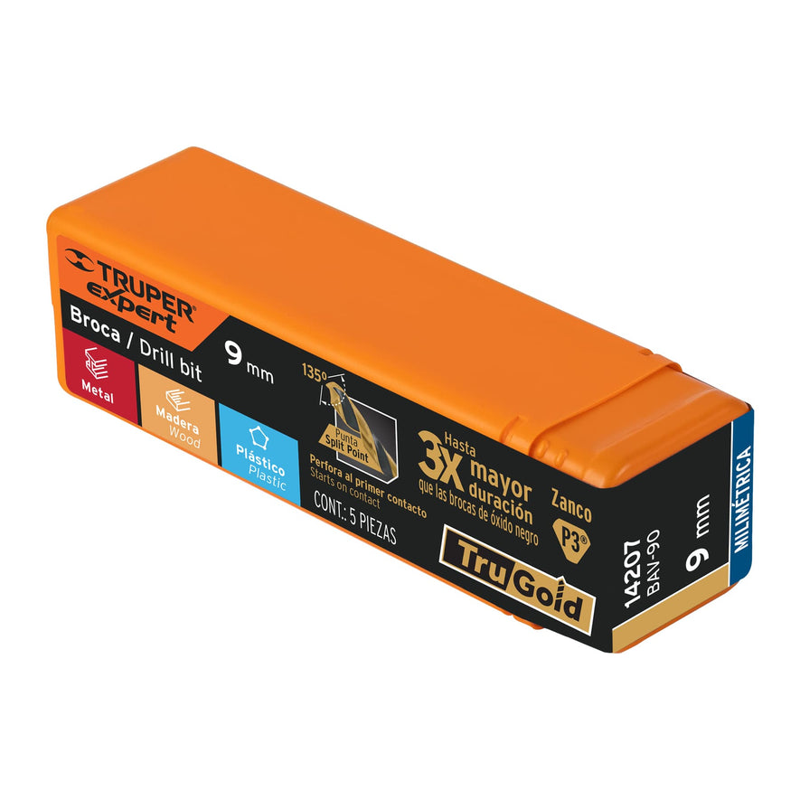 Broca HSS 9.0 mm Trugold para metal, Truper Expert Caja con 5, 14207