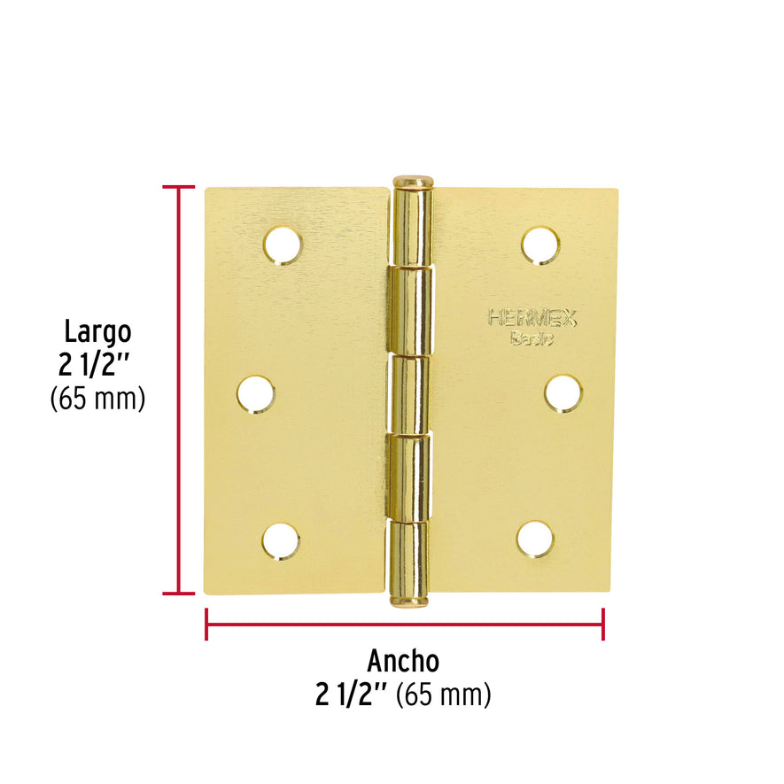 Bisagra cuadrada 2-1/2',latonado, cabeza plana, Hermex Basic Caja con 20, 25109