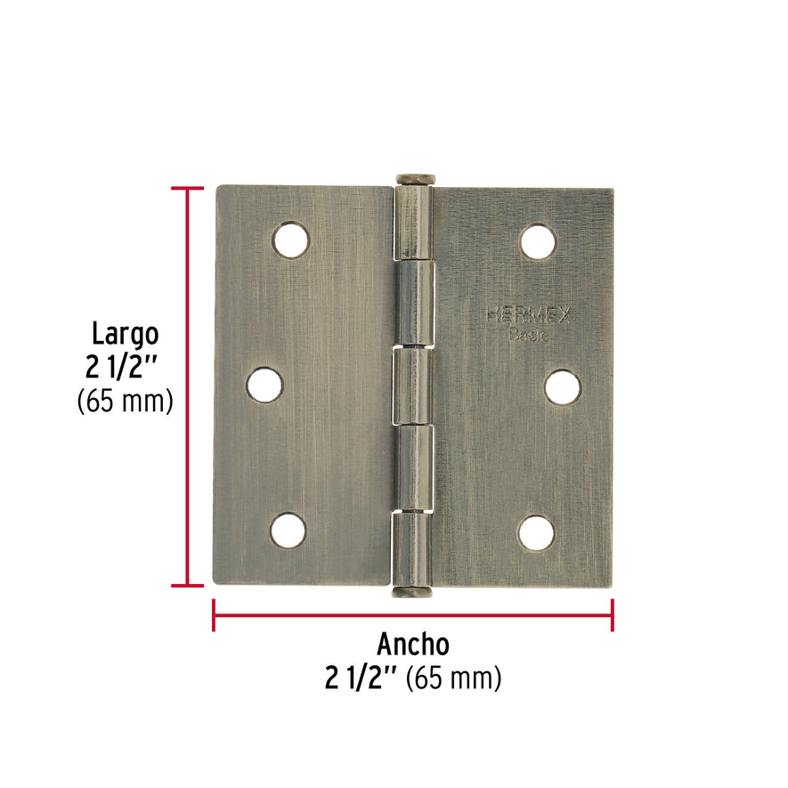 Bisagra cuadrada 2-1/2', latón antiguo, cabeza plana, Basic Caja con 20, 25102