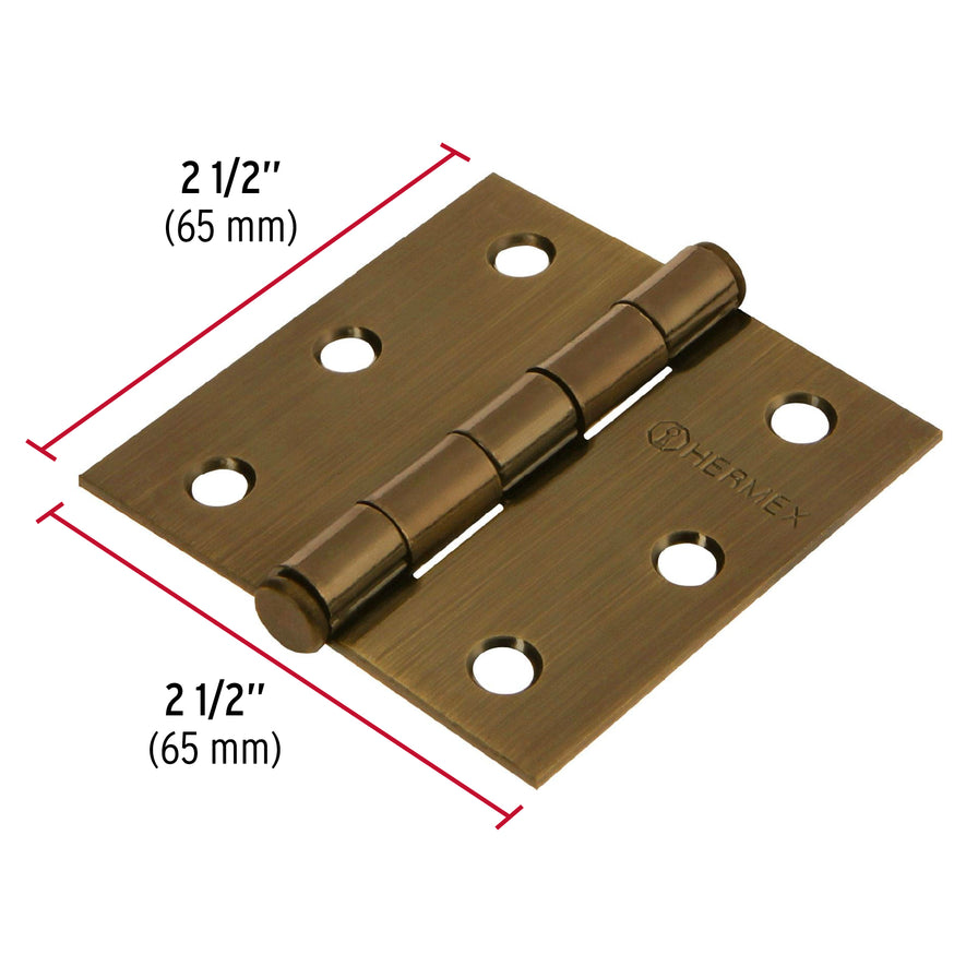 Bisagra cuadrada 2-1/2', latón antiguo, cabeza plana, Hermex Caja con 10, 43250