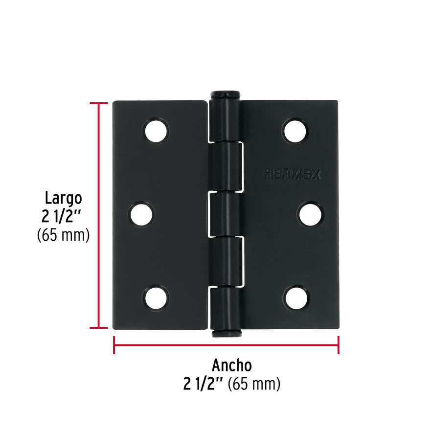 Bisagra cuadrada 2 1/2', negro mate, cabeza plana, Hermex Caja con 10, 46707