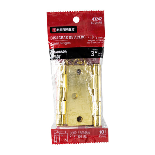 Bolsa c/2 bisagras cuadradas 3', latonado, cabeza plana Caja con 6, 43242