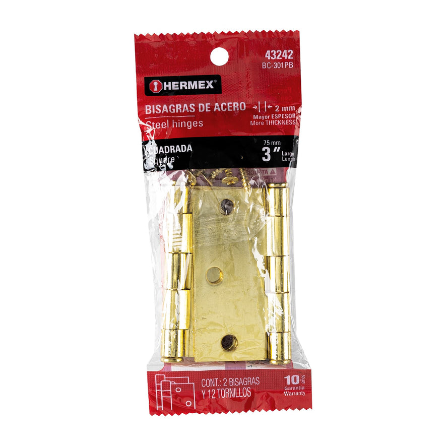 Bolsa c/2 bisagras cuadradas 3', latonado, cabeza plana Caja con 6, 43242