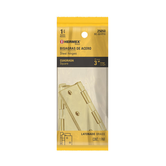 Bolsa c/2 bisagras cuadradas 3', latonado, Hermex Basic Caja con 6, 25050