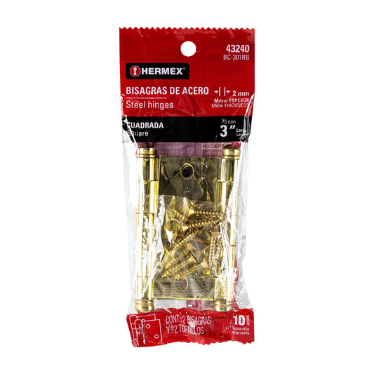 Bolsa c/2 bisagras cuadradas 3', latonado, cabeza redonda Caja con 6, 43240