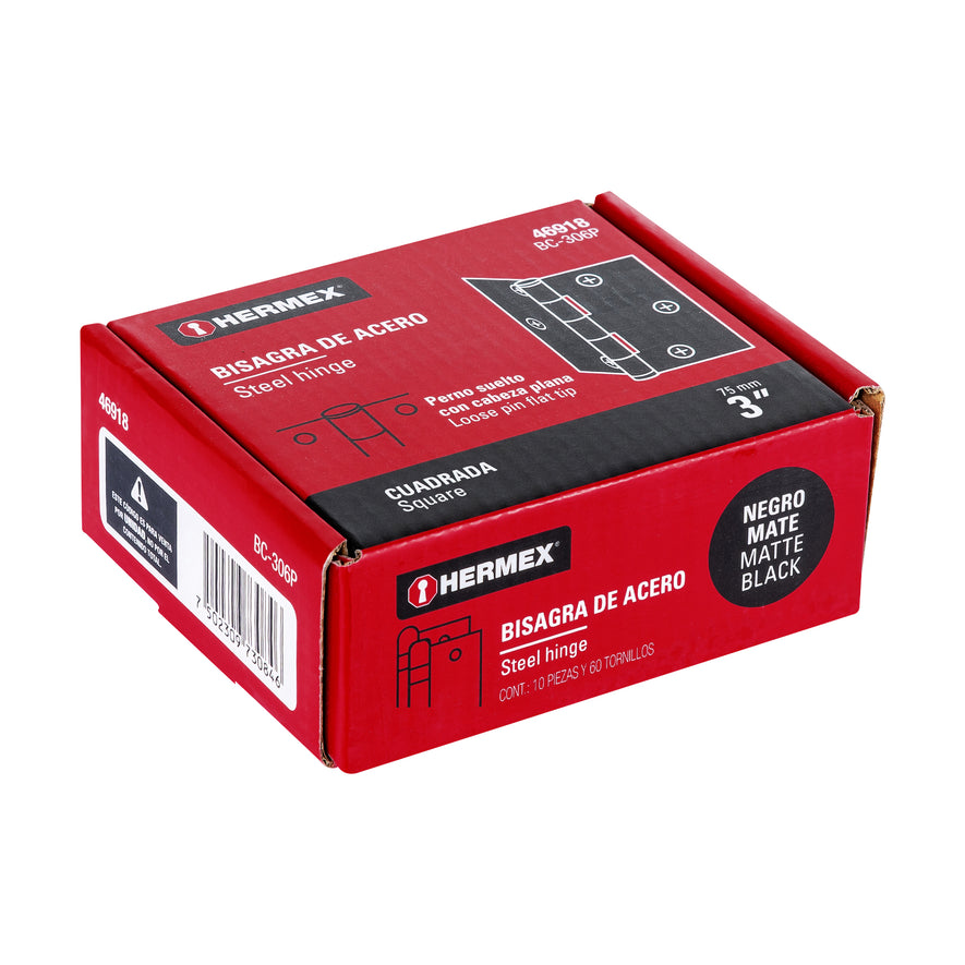 Bisagra cuadrada 3', negro mate, cabeza plana, Hermex Caja con 10, 46918