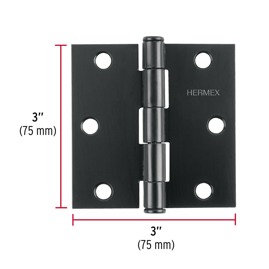 Bisagra cuadrada 3', negro mate, cabeza plana, Hermex Caja con 10, 46918
