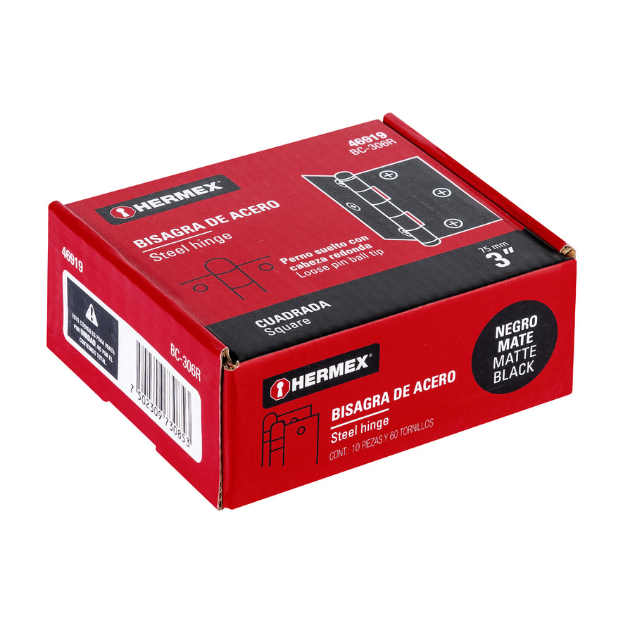 Bisagra cuadrada 3', negro mate, cabeza redonda, Hermex Caja con 10, 46919