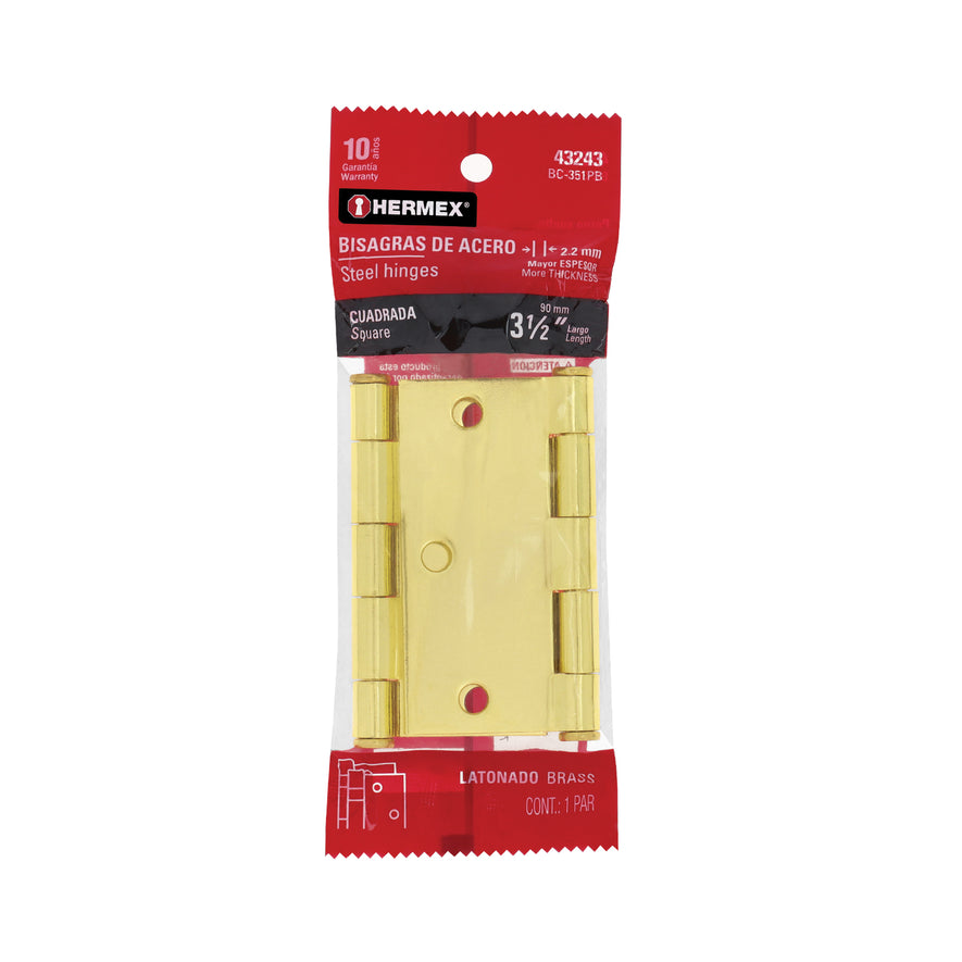 Bolsa c/2 bisagras cuadradas 3-1/2', latonado, cabeza plana Caja con 6, 43243