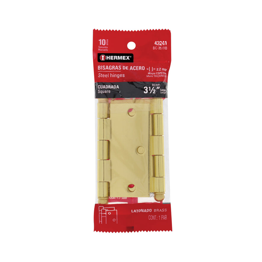 Bolsa c/2 bisagras cuadradas 3-1/2' latonado,cabeza redonda Caja con 6, 43241