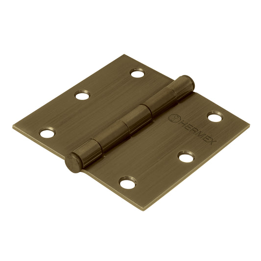Bisagra cuadrada 3-1/2', latón antiguo, cabeza plana, Hermex Caja con 10, 43252