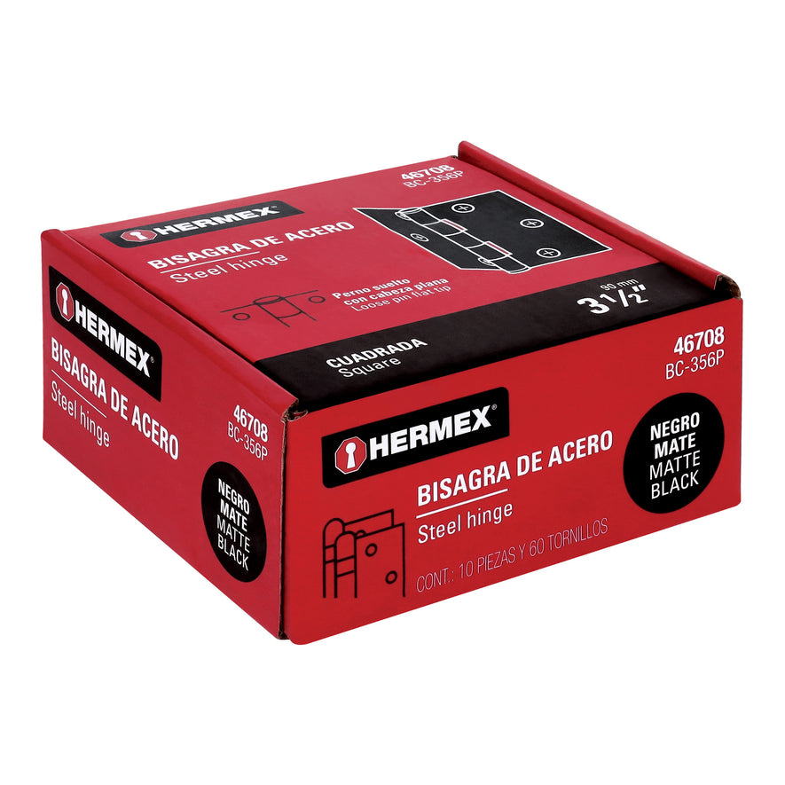 Bisagra cuadrada 3 1/2', negro mate, cabeza plana, Hermex Caja con 10, 46708
