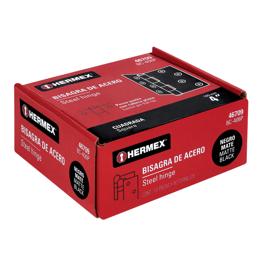 Bisagra cuadrada 4', negro mate, cabeza plana, Hermex Caja con 10, 46709