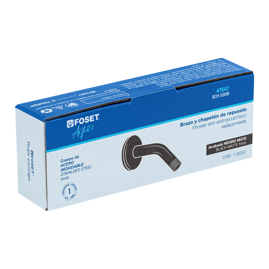 Brazo corto con chapetón para regadera, negro mate, Aqua Caja con 6, 47647