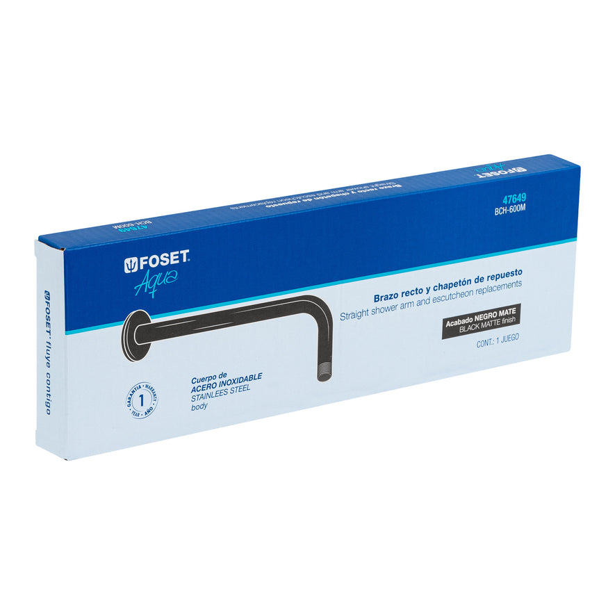 Brazo recto con chapetón para regadera, 30 cm, negro mate Caja con 6, 47649