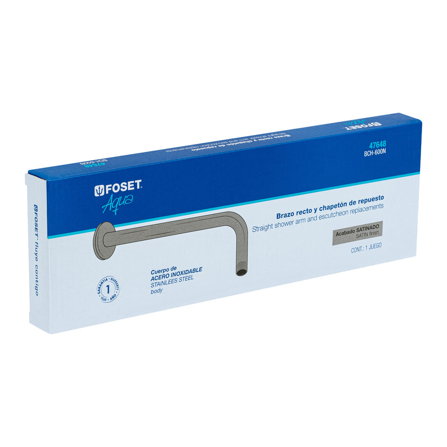 Brazo recto con chapetón para regadera, 30 cm, satín, Foset Caja con 6, 47648