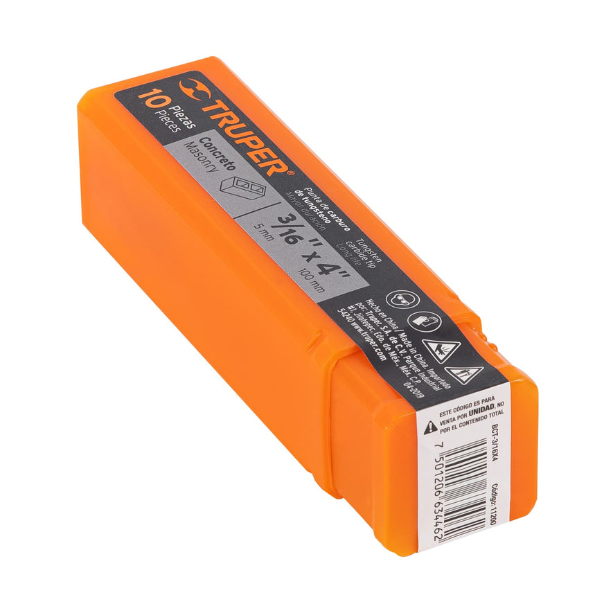 Broca para concreto de 3/16 x 4', Truper Caja con 10, 11200