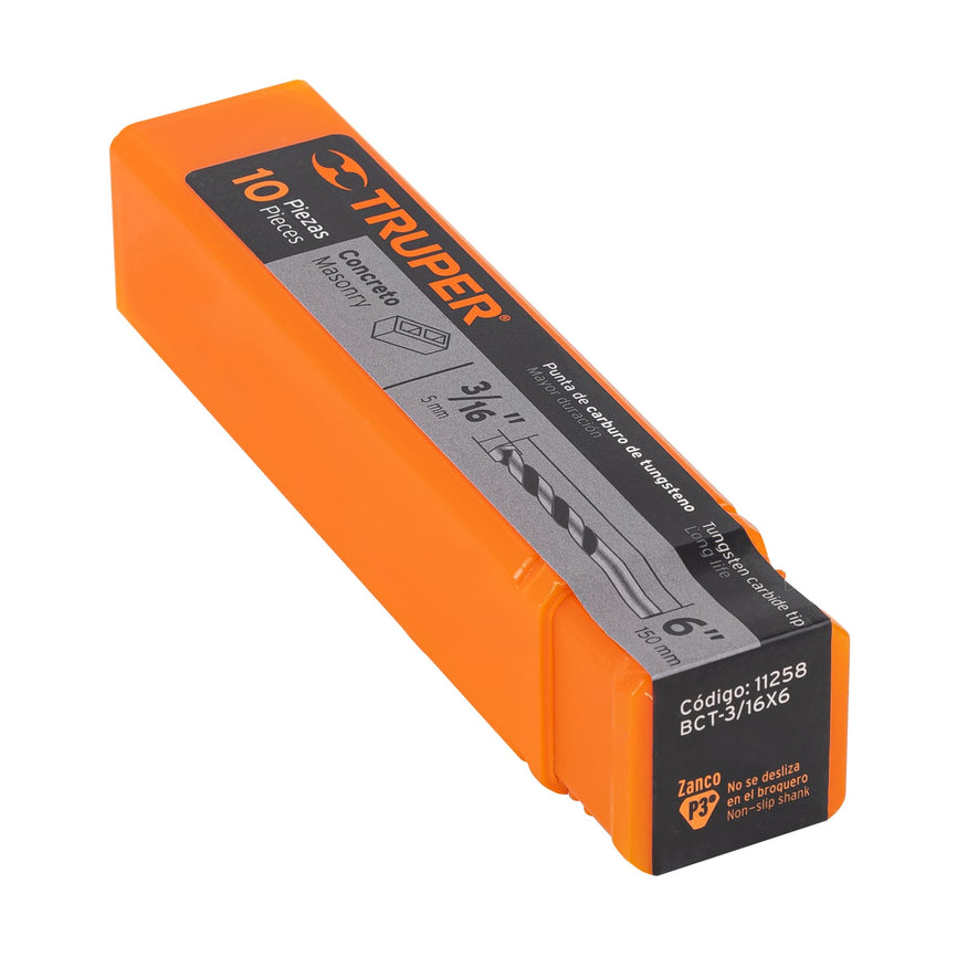 Broca para concreto de 3/16 x 6', Truper Caja con 10, 11258