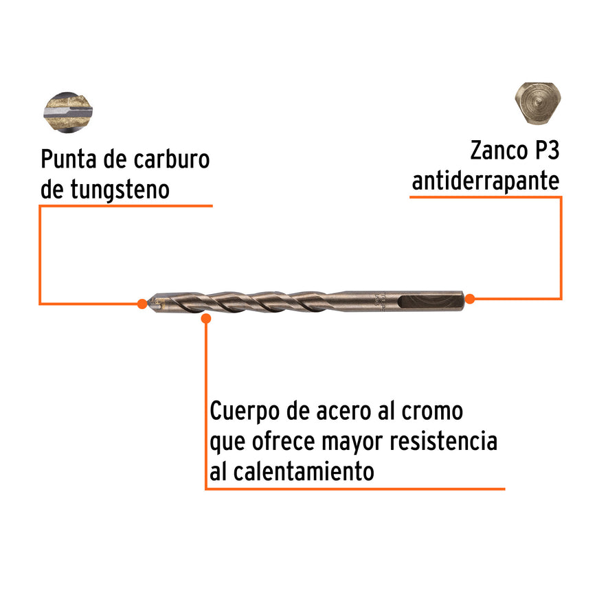Broca para concreto de 3/8 x 5' en blíster, TRUPER Caja con 5, 12758