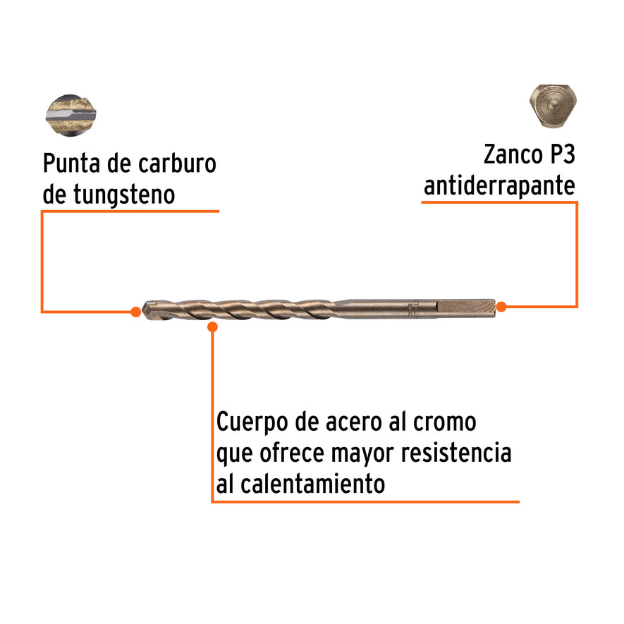 Broca para concreto de 3/8 x 6' en blíster, TRUPER Caja con 5, 12759