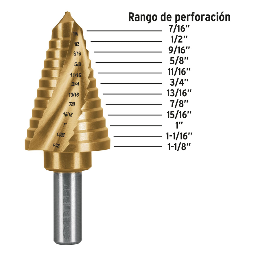 Broca escalonada titanio 12 escalones 7/16' a 1-1/8', Expert, 101555