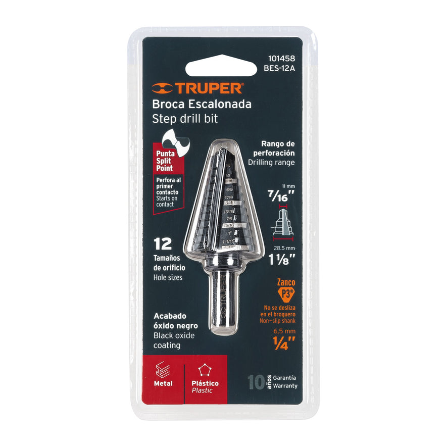 Broca escalonada óxido negro 12escalones 7/16 a 1-1/8,Truper, 101458