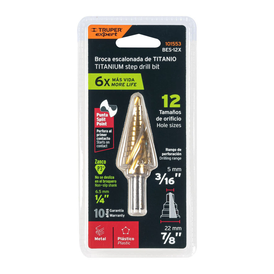 Broca escalonada titanio 12 escalones 3/16' a 7/8', Expert, 101553