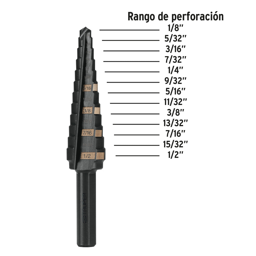 Broca escalonada óxido negro 13 escalones 1/8' a 1/2',Truper Caja con 3, 12122