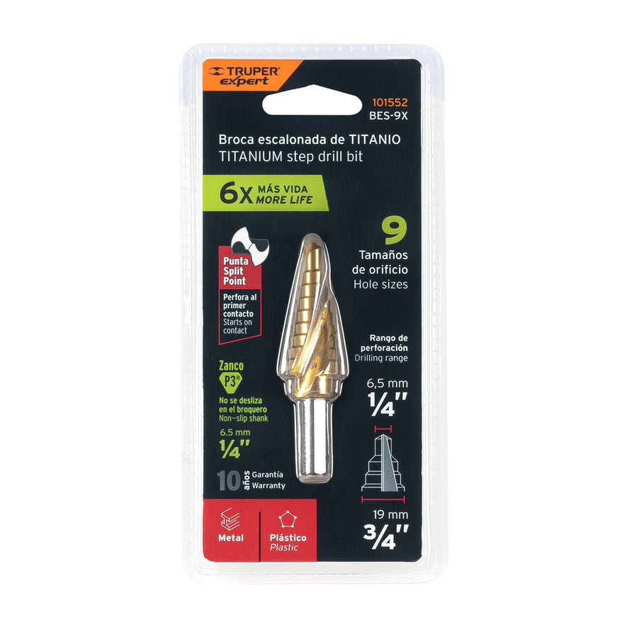 Broca escalonada titanio 9 escalones 1/4' a 3/4', Expert Caja con 3, 101552