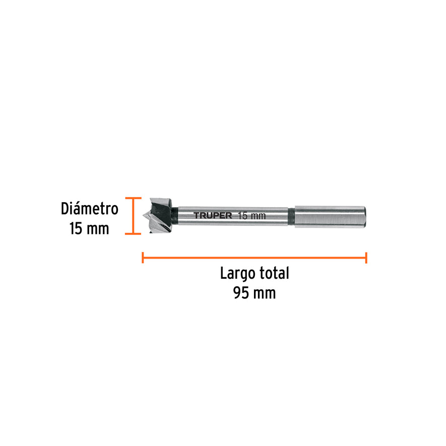 Broca forstner 15 mm para madera, TRUPER Caja con 4, 102318