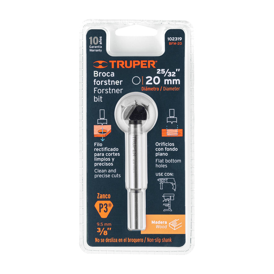 Broca forstner 20 mm para madera, TRUPER Caja con 4, 102319