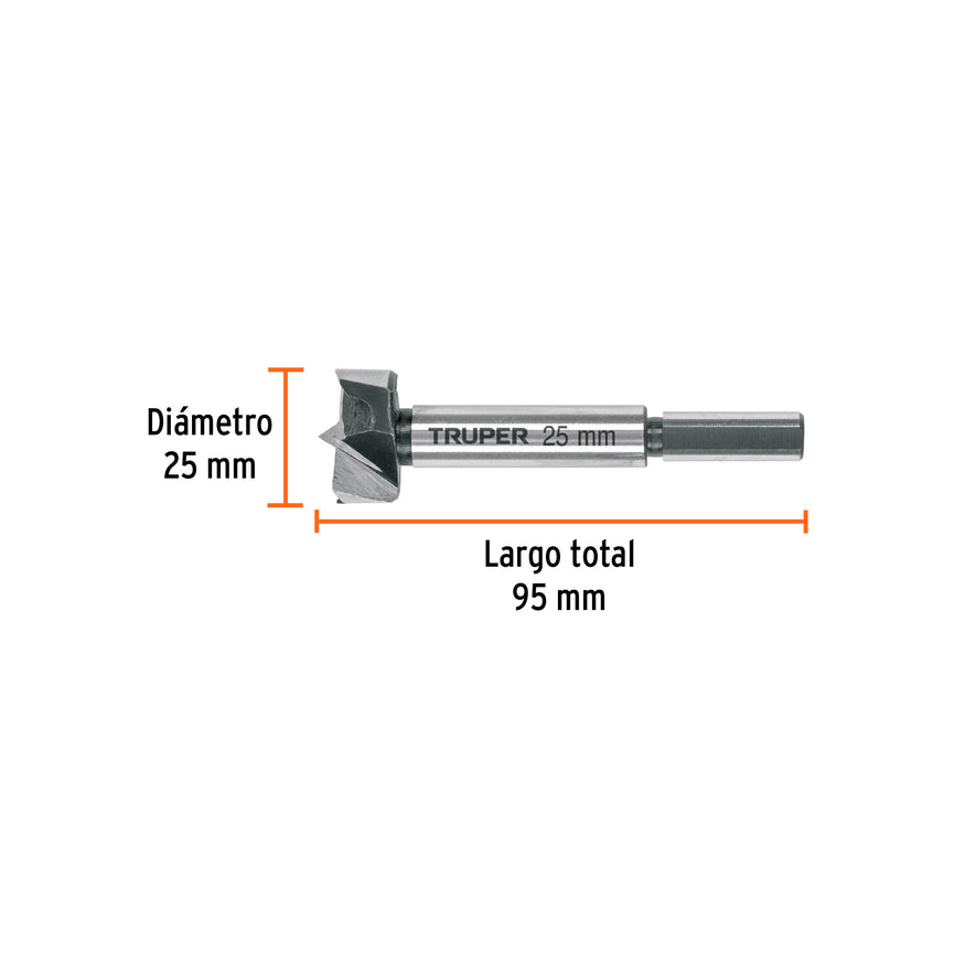 Broca forstner 25 mm para madera, TRUPER Caja con 4, 102370