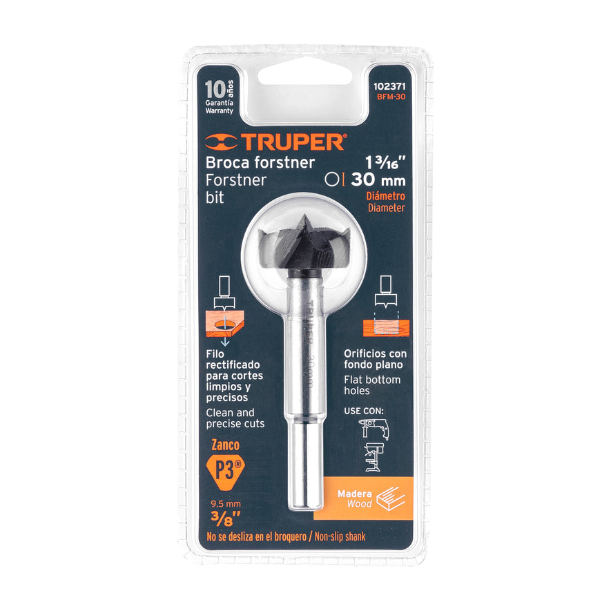 Broca forstner 30 mm para madera, TRUPER Caja con 4, 102371