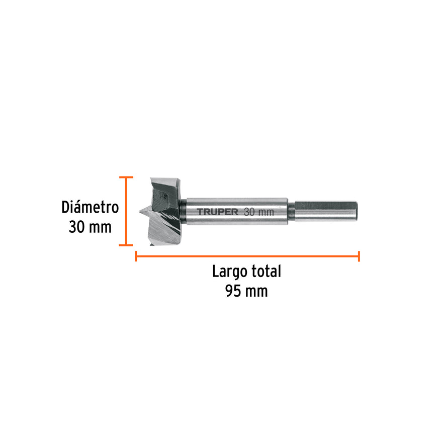 Broca forstner 30 mm para madera, TRUPER Caja con 4, 102371