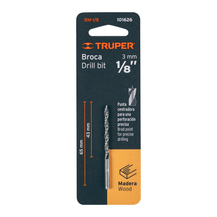 Broca con punta centradora para madera 1/8', TRUPER Caja con 12, 101626