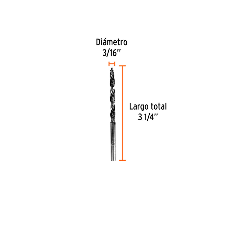 Broca con punta centradora para madera 3/16', TRUPER Caja con 12, 101629