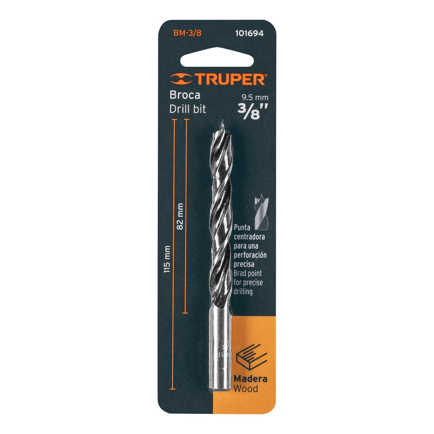Broca con punta centradora para madera 3/8', TRUPER Caja con 12, 101694