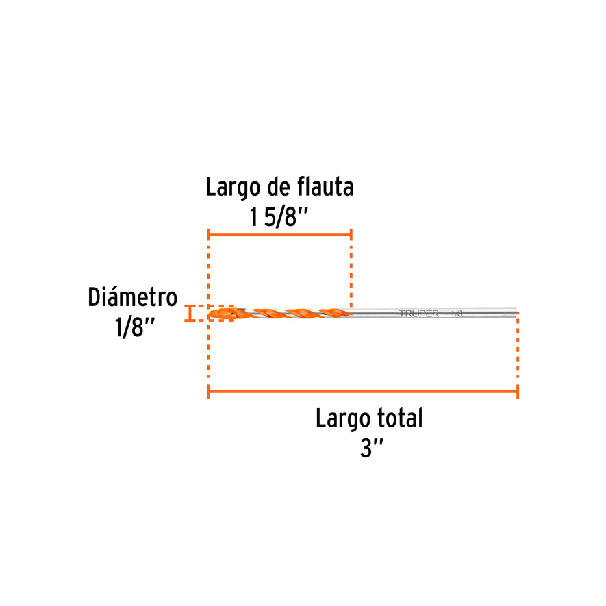 Broca multimaterial 1/8 x 3', Truper Caja con 10, 103017