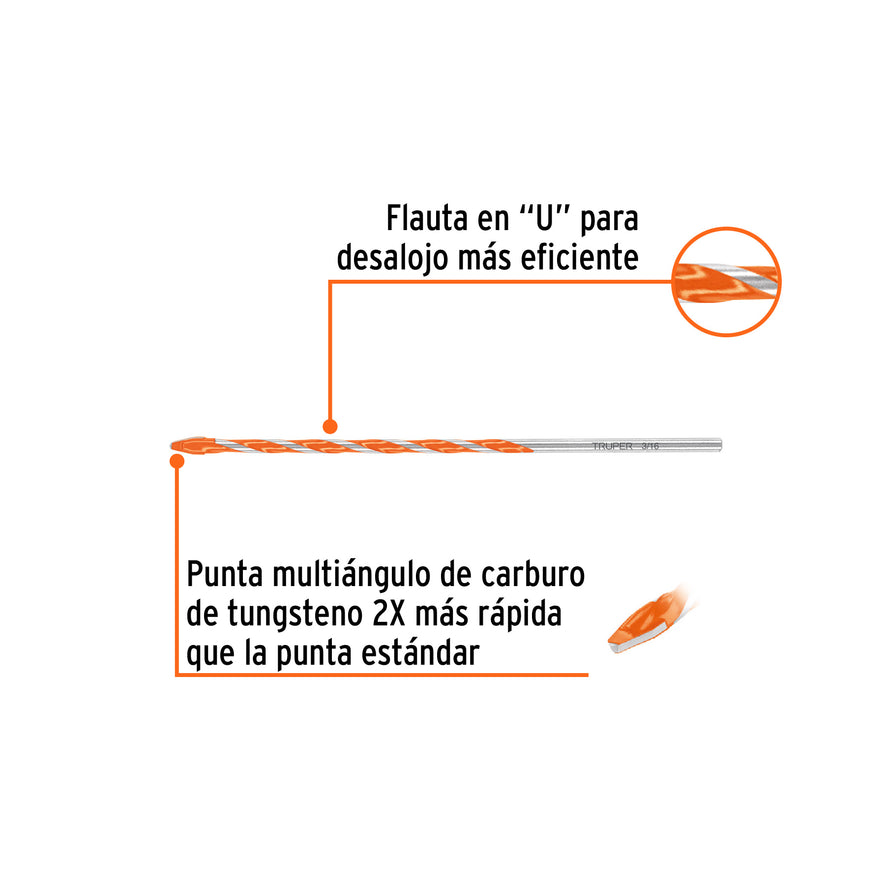 Broca multimaterial 3/16 x 6', Truper Caja con 10, 101805