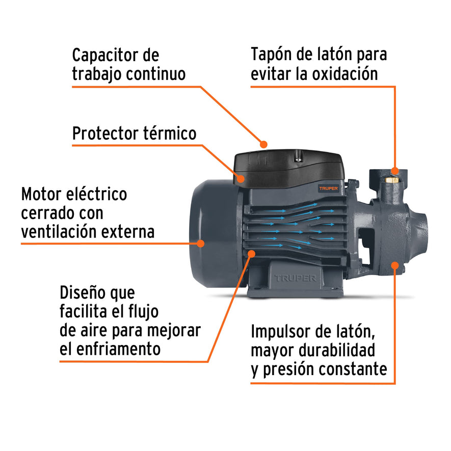 Bomba periférica 1/2 HP, altura máxima 40 m, Truper, 12111