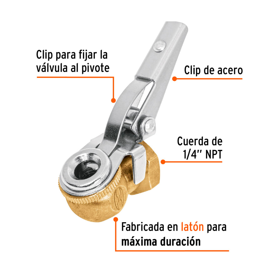 Cabeza infladora de llantas c/clip, hembra, cuerda 1/4 NPT Caja con 6, 19026