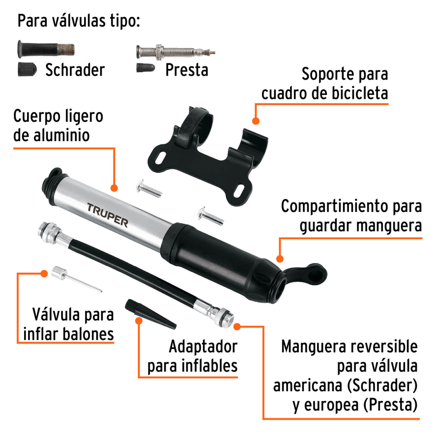 Mini bomba manual para bicicleta, abatible, 75 PSI, TRUPER Caja con 6, 11997