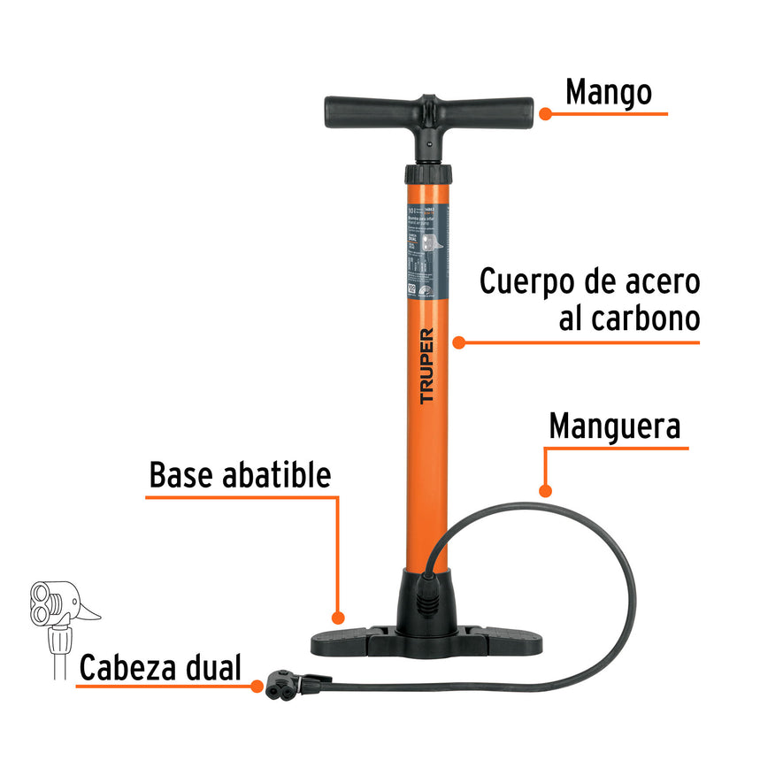 Bomba manual para inflar, 100 PSI, TRUPER Caja con 10, 14863