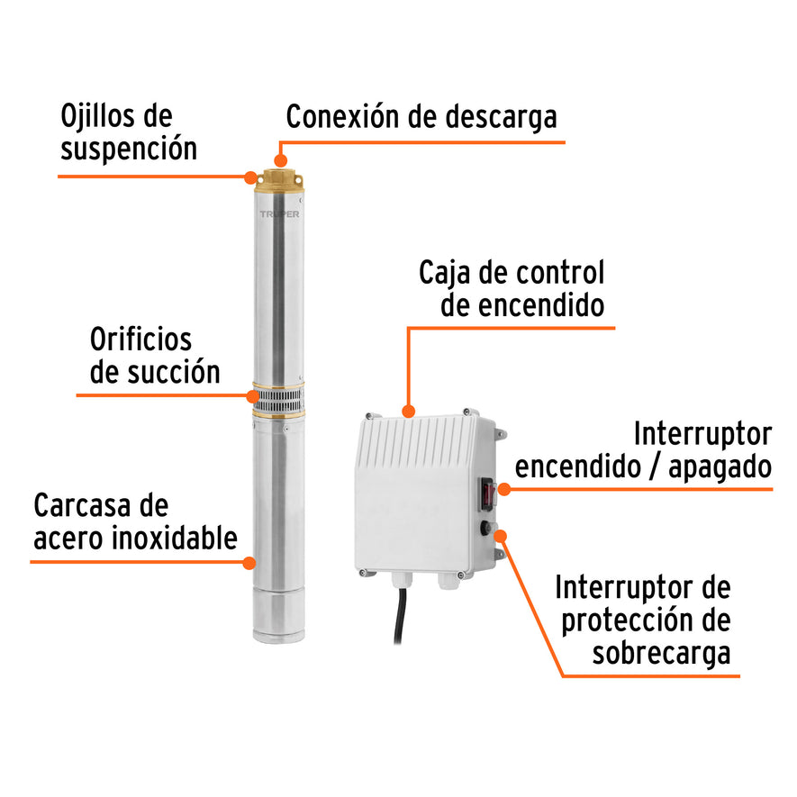 Bomba sumergible, tipo bala, 1-1/2HP, a/limpia, 220V, Truper, 102976