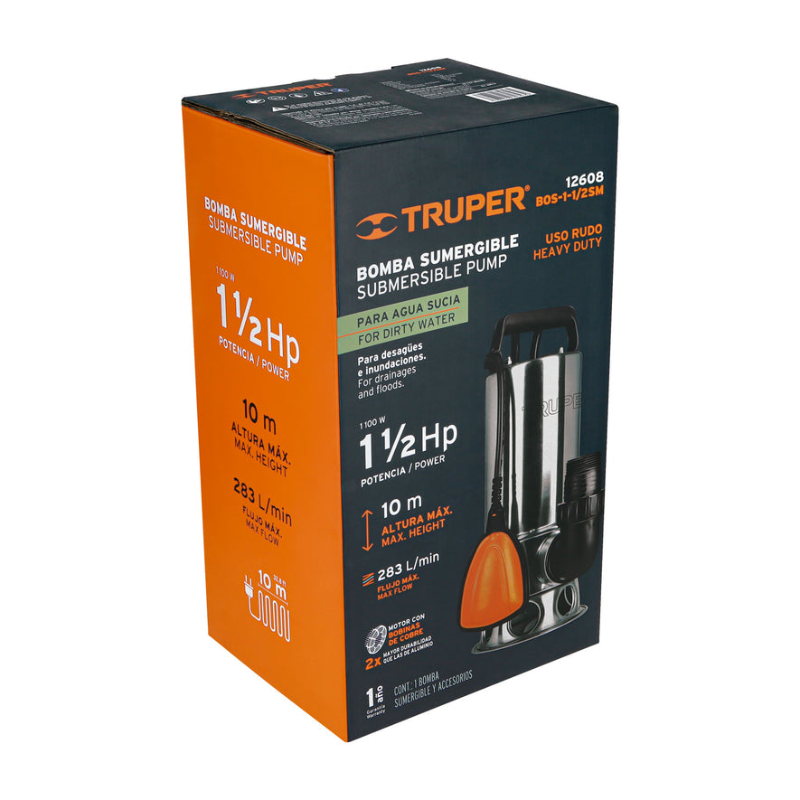 Bomba sumergible acero inoxidable,agua sucia,1-1/2HP, TRUPER, 12608