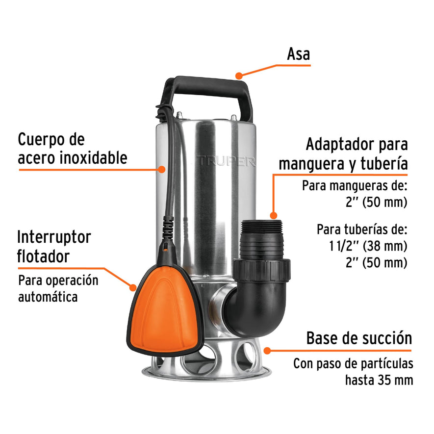 Bomba sumergible acero inoxidable,agua sucia,1-1/2HP, TRUPER, 12608