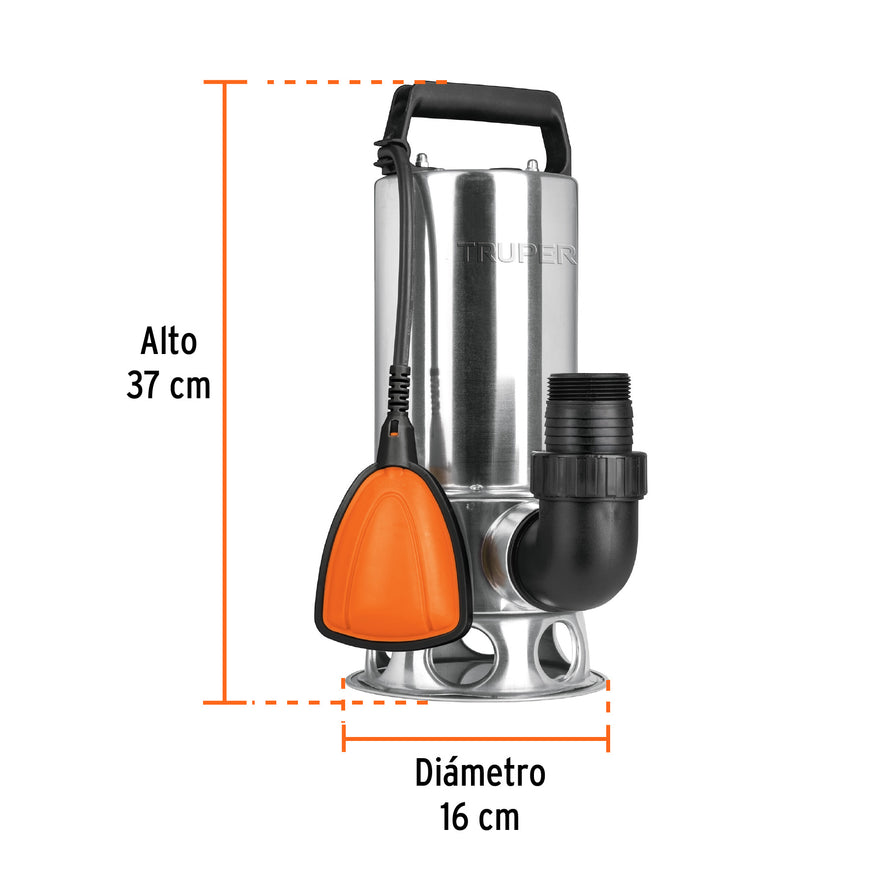 Bomba sumergible acero inoxidable,agua sucia,1-1/2HP, TRUPER, 12608