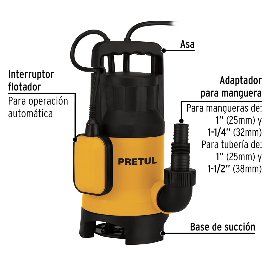 Bomba sumergible plástica, 1-1/2 HP para agua sucia, Pretul, 27199